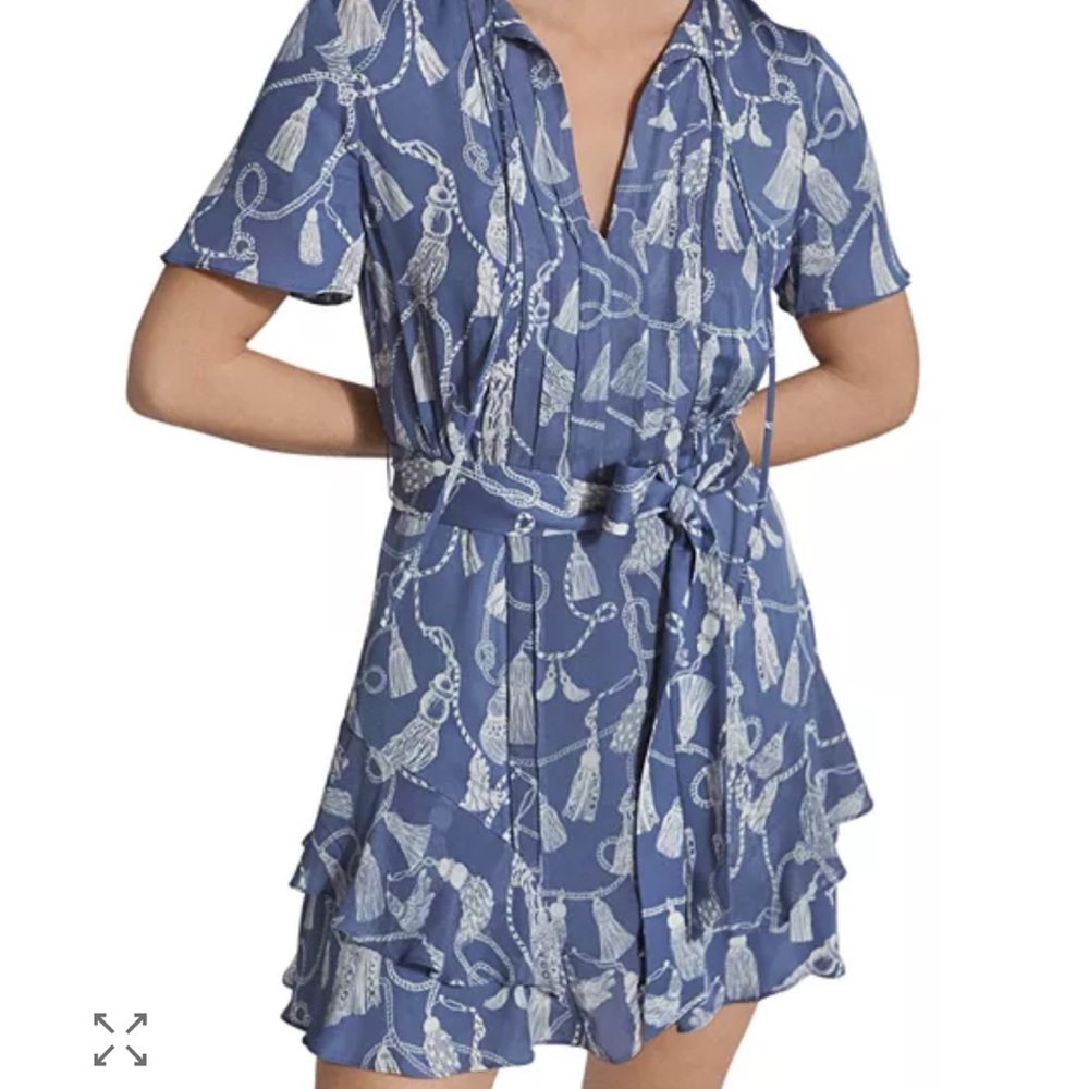 REISS Charlie Tassel Print Mini Dress in Blue